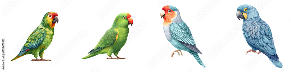 Fototapeta premium Watercolor Parrots: Colorful Tropical Birds Illustrations on White