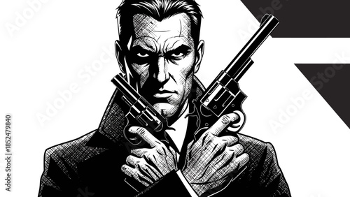 Intense Noir Detective with Dual Revolvers Ready for Action.