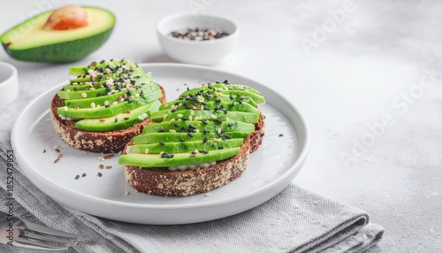 A plate of whole grain toast topped with sliced avocado and microgreens on a gray table with a halved avocado and small bowl of seeds in the background, with a light and healthy mood.
