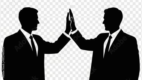 Two businessmen in suits give a high-five gesture with their hands in a celebratory atmosphere.