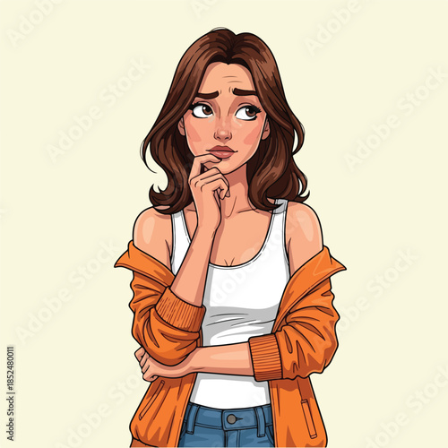 Young woman with thoughtful expression looking up hand on chin.