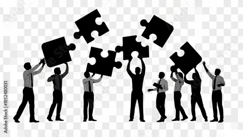 Business team working together to assemble puzzle pieces in office setting with collaboration and teamwork