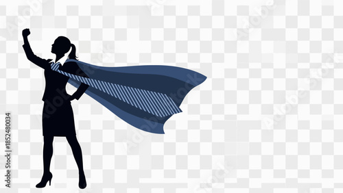 A confident businesswoman in a superhero pose, wearing a flowing cape, stands triumphantly with her arm raised, symbolizing empowerment and strength.