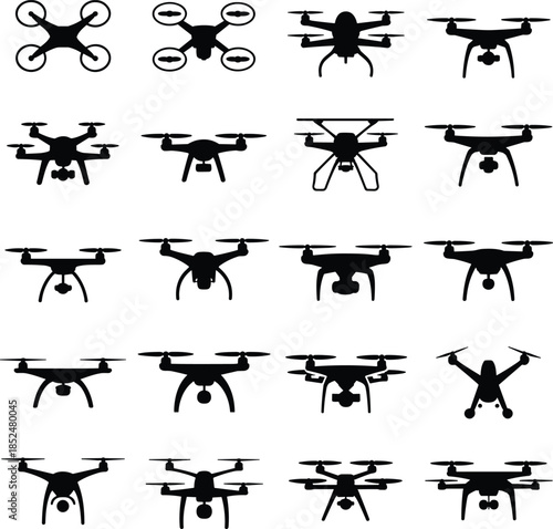 Collection of black and white drone silhouettes in various 1