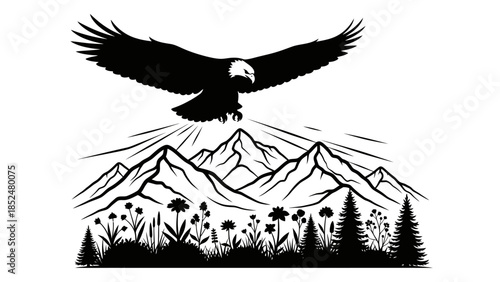 Majestic Bald Eagle Soaring Above Rugged Mountain Peaks.