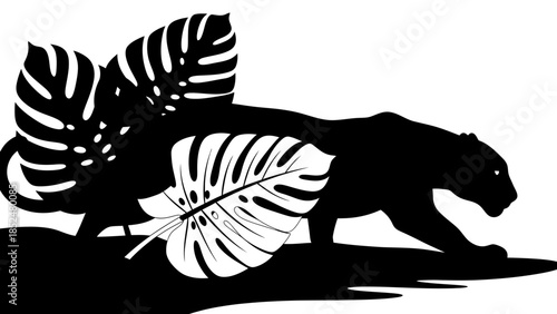 Majestic Black Panther Silhouette with Tropical Monstera Leaves.