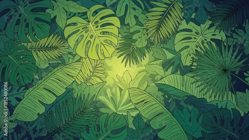Lush Green Tropical Jungle Foliage With Sunlight.