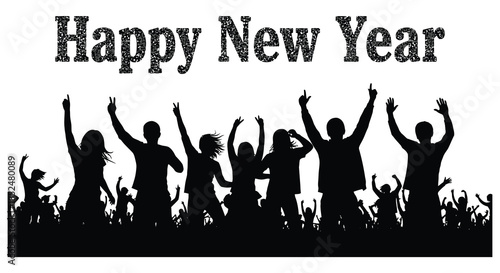 Celebrating the new year with joyous crowds raising their hands in a dark silhouette