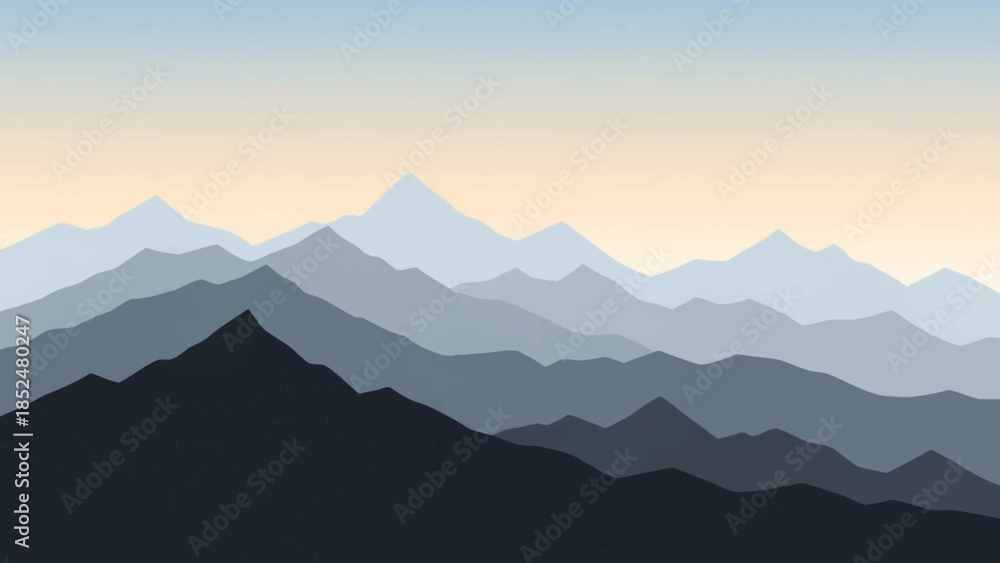 Obraz premium Majestic mountain range silhouette at dawn with layers of blue and grey peaks.