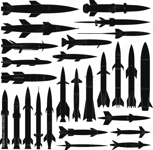 Collection of black and white missile and rocket silhouettes