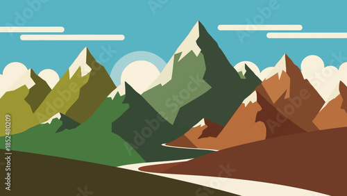 Majestic Mountain Range Landscape with Winding River and Clear Sky.