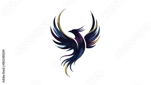Majestic Phoenix Bird Emblem with Fiery Wings Spread Wide.