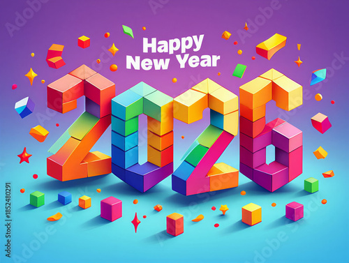 Happy new year 2026 colorful 3D blocks and festive decorations