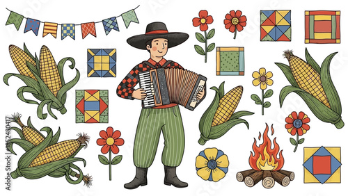 Man playing accordion at a traditional Brazilian June Festival celebration.