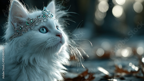 White fluffy cat with blue eyes wearing a tiara in a natural setting.