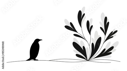 Minimalist Black and White Illustration of a Bird and Plant.