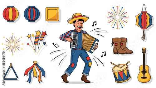 Man playing accordion with various festive elements for a Brazilian June Festival.