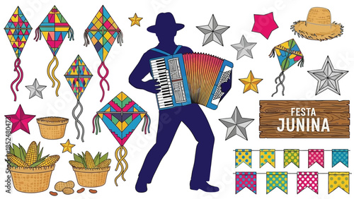 Man playing accordion at Festa Junina celebration with traditional elements.