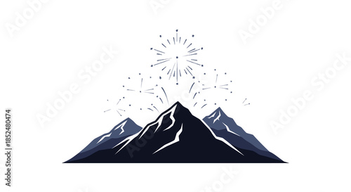 Majestic mountain range illuminated by vibrant fireworks display against a dark dramatic sky silhouette