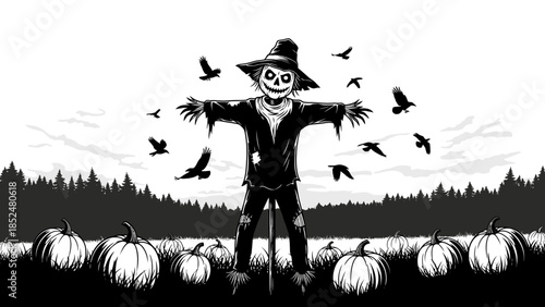 Scary Scarecrow with outstretched arms and crows flying around.