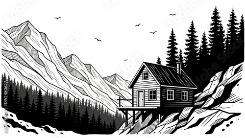 Rustic wooden cabin perched on a rocky cliffside surrounded by pine trees.