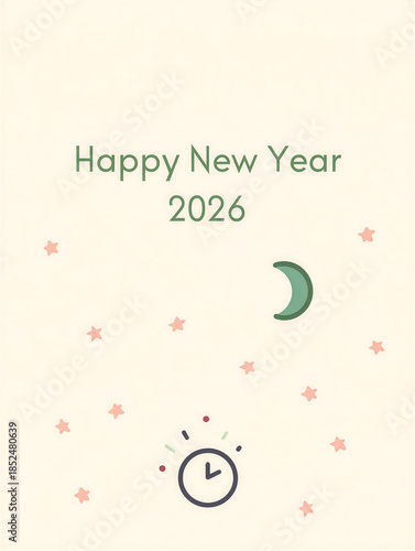 Happy new year 2026 gentle illustration with moon and clock