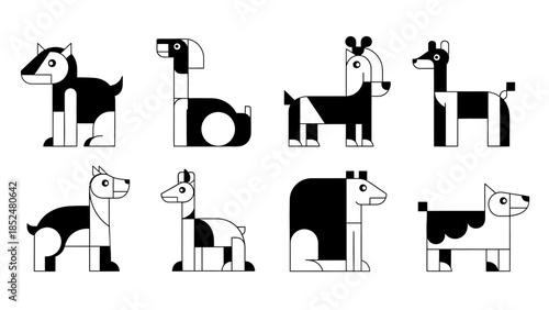 Set of eight abstract black and white dog illustrations in various poses.