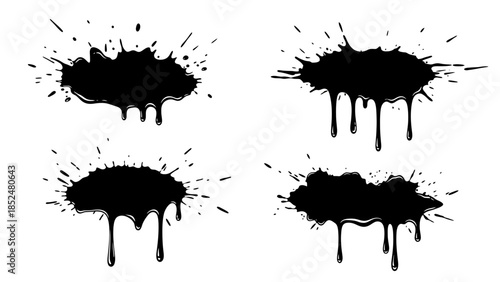 Set of black ink splatters and drips creating abstract grunge designs.