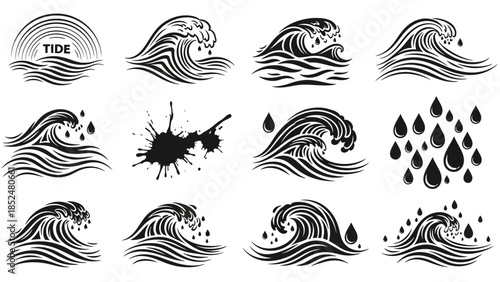 Set of ocean waves and water drops in black and white.
