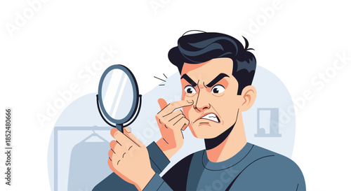 Upset Man Examining Pimples or Skin Blemish in Handheld Mirror for Acne Treatment Concept