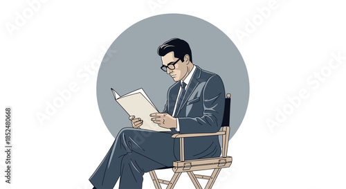 Vintage Businessman Reading Script or Document While Sitting in Director s Chair Illustration