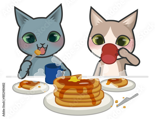 お茶を飲みながらパンケーキを食べる2匹の猫のキャラクター