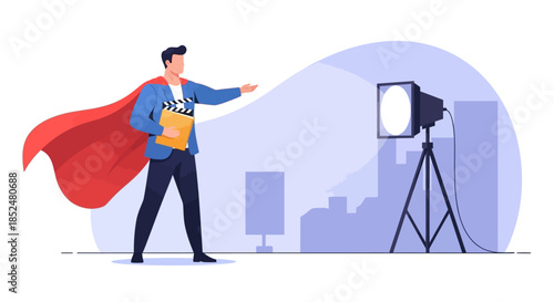 Superhero Director or Actor on Set with Movie Clapboard and Professional Spotlight for Film Production Concept