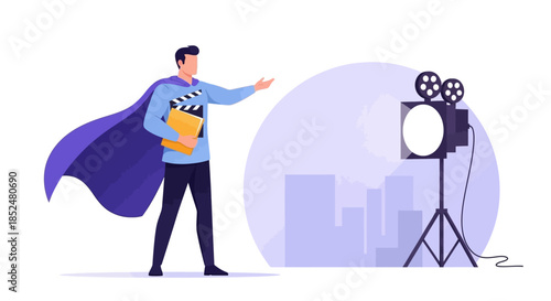 Superhero Director or Filmmaker with Clapperboard and Studio Light Setting Up a Scene
