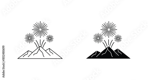 A striking depiction of mountains with firework displays presented as a bold silhouette
