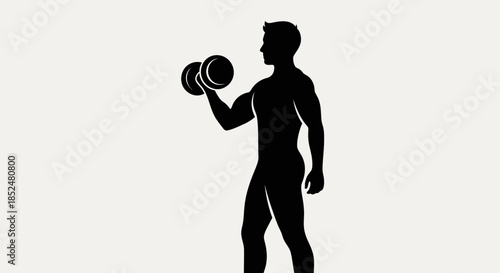 A muscular man is lifting a dumbbell with his right hand in a simple illustration from a side view.