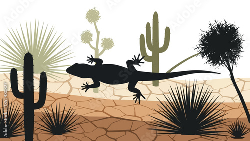 Silhouette of a lizard in a desert landscape.