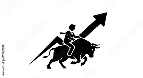 A businessman riding a bull with a rising arrow in the background, symbolizing business growth and success in a graphic illustration from Whisk collection