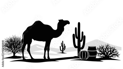 Silhouette of a majestic camel standing in a desert landscape.