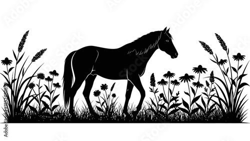 Silhouette of a majestic horse standing in a field of wildflowers and tall grass.