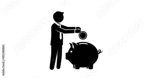 Businessman putting coins into a piggy bank for savings illustration