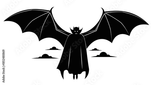 Silhouette of a menacing vampire with large bat wings and fangs.
