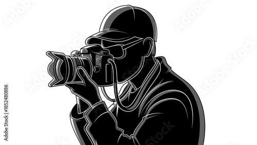 Silhouette of a photographer wearing a cap and glasses holding a professional camera.