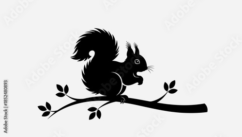 Silhouette of a squirrel perched on a tree branch with leaves.