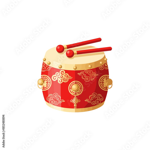 Traditional Chinese Red and Gold Drum with Drumsticks Illustration. Festive Asian Percussion Instrument for Lunar New Year and Cultural Celebrations.