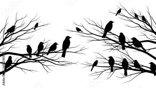 Silhouettes of numerous birds perched on bare tree branches against a white background.
