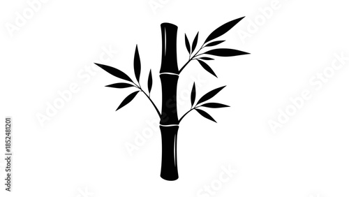 Stylized Black Bamboo Stalk with Leaves on White Background.