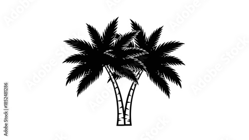 Two Tropical Palm Trees Silhouette on White Background.