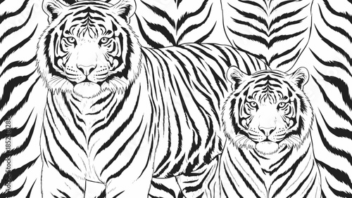 Two Majestic Tigers Facing Forward in Detailed Illustration.