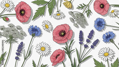 Vibrant Collection of Wildflowers Including Poppies Daisies and Cornflowers.